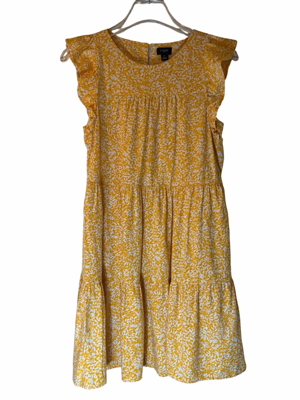 J. Crew Yellow Floral Swing Dress Flutter Sleeve Ruffle Knee Length Linen Size 0